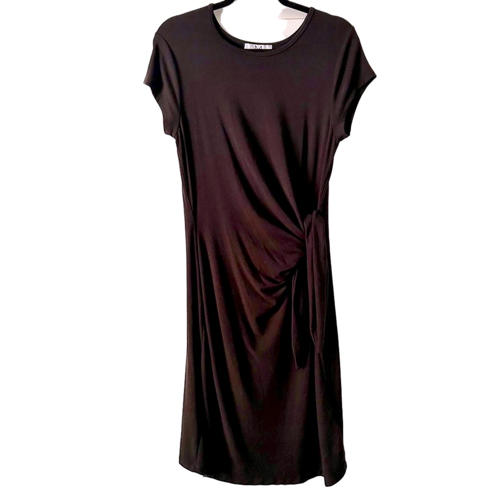 Magaschoni Knit Short Sleeve Midi Dress with Side Tie Waist Black size Large - Picture 1 of 10